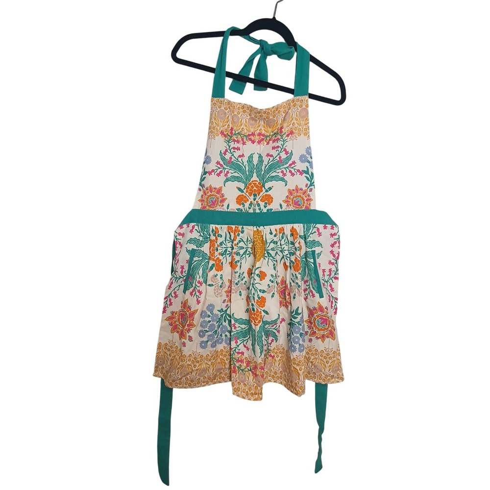 Ellen Merchant Anthropologie Floral Cotton Apron Teal Orange Botanical Pockets‎